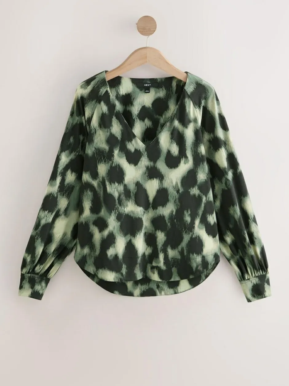 Next Long Sleeve V-Neck Jersery Blouse Green Animal New