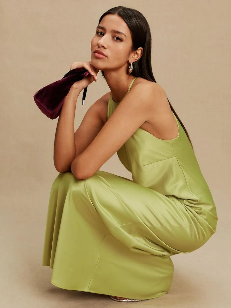 Next Bridesmaids Satin Halterneck Maxi Dress Green Hot