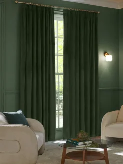 Next Green Dark Matte Velvet Pencil Pleat Blackout/Thermal Curtains Discount