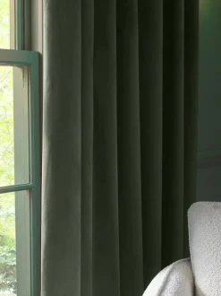 Next Green Dark Matte Velvet Pencil Pleat Blackout/Thermal Curtains Discount