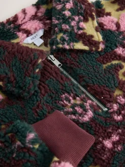 Next Jacquard Teddy Borg Quarter Zip Fleece Sweatshirt Green Floral Discount