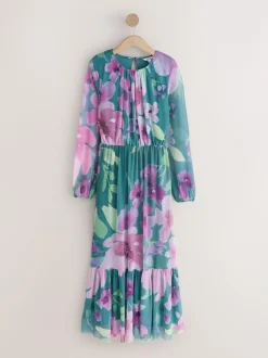 Next Green Floral Long Sleeve Mesh Maxi Dress Online