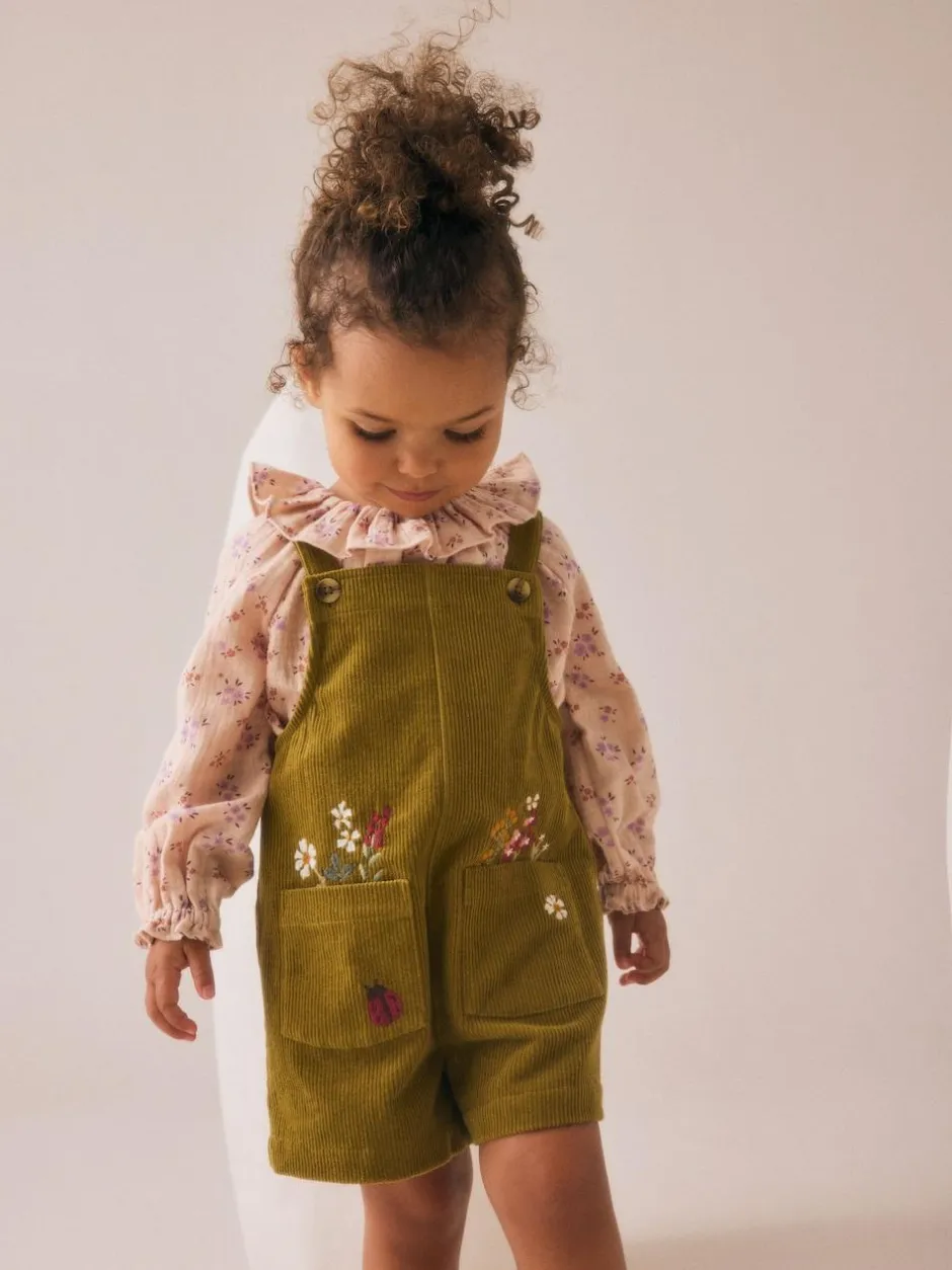 Next Green Floral Print Corduroy Dungarees Blouse and Tights Set (3mths-6yrs) Discount