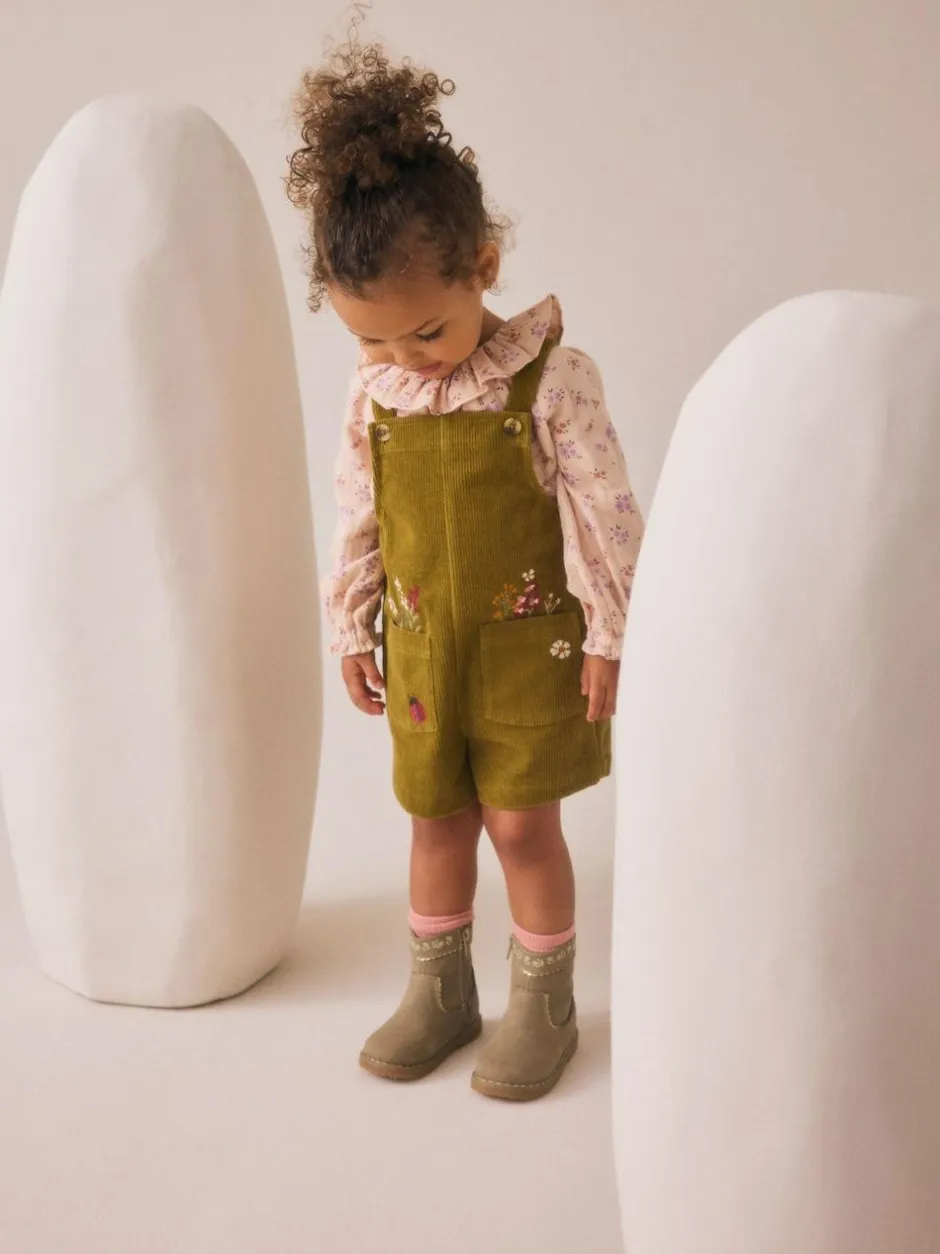 Next Green Floral Print Corduroy Dungarees Blouse and Tights Set (3mths-6yrs) Discount