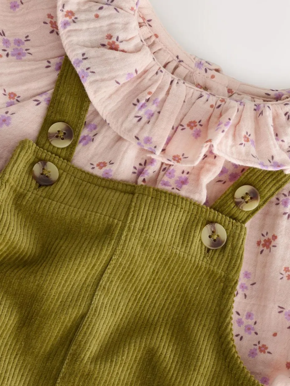 Next Green Floral Print Corduroy Dungarees Blouse and Tights Set (3mths-6yrs) Discount