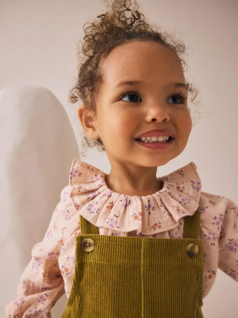 Next Green Floral Print Corduroy Dungarees Blouse and Tights Set (3mths-6yrs) Discount