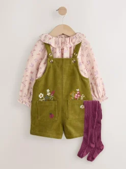 Next Green Floral Print Corduroy Dungarees Blouse and Tights Set (3mths-6yrs) Discount