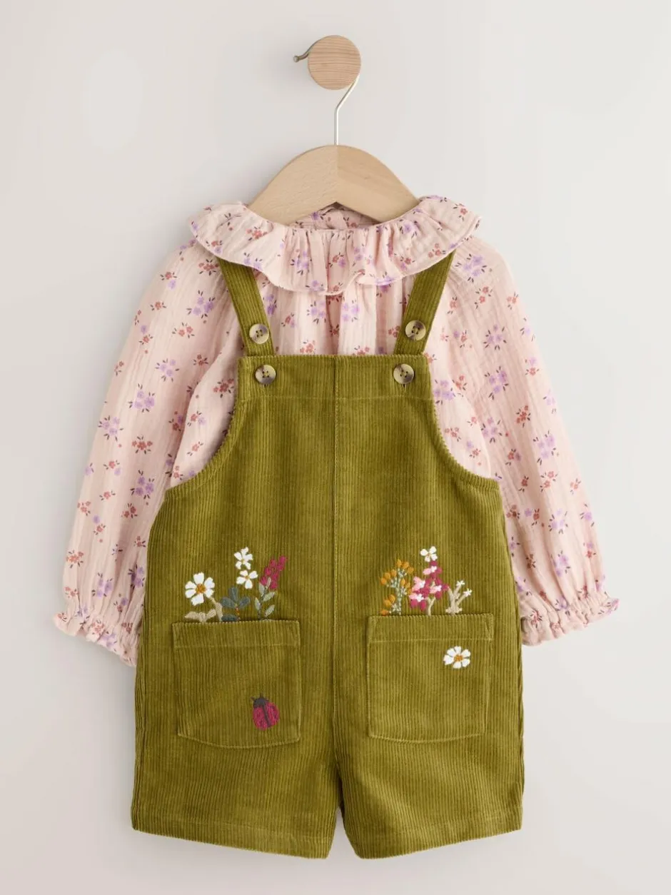 Next Green Floral Print Corduroy Dungarees Blouse and Tights Set (3mths-6yrs) Discount