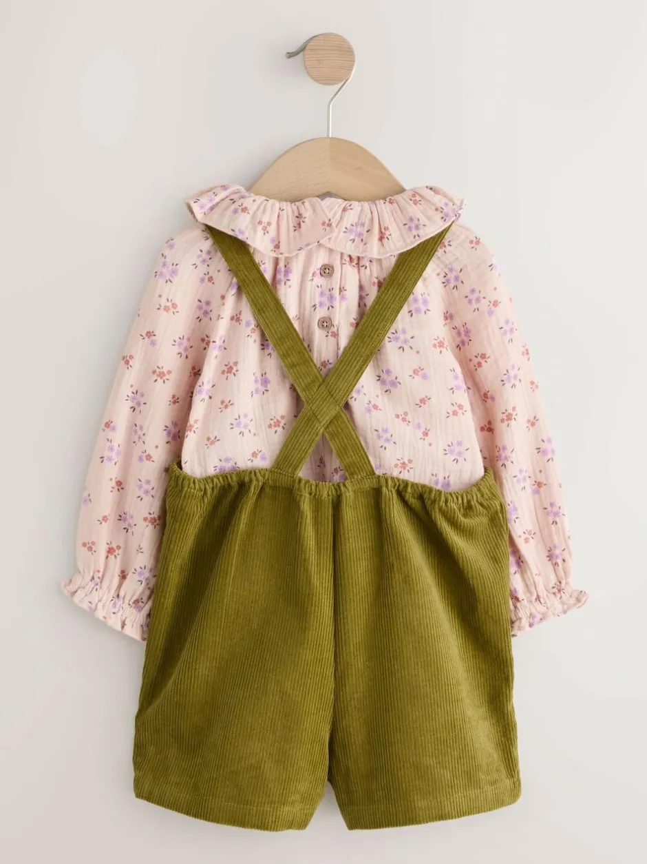 Next Green Floral Print Corduroy Dungarees Blouse and Tights Set (3mths-6yrs) Discount