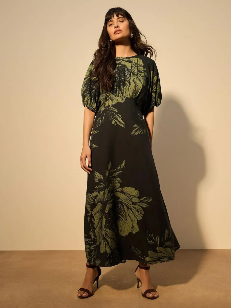 Next Print Puff Sleeve Midi Dress Green Floral Hot