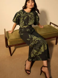 Next Print Puff Sleeve Midi Dress Green Floral Hot