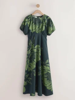 Next Print Puff Sleeve Midi Dress Green Floral Hot