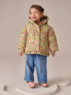 Next Shower Resistant Frill Hem Padded Coat (3mths-7yrs) Green Floral Clearance