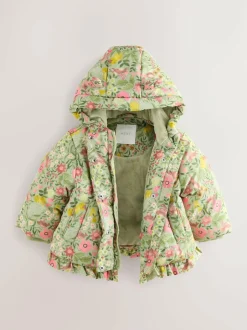 Next Shower Resistant Frill Hem Padded Coat (3mths-7yrs) Green Floral Clearance