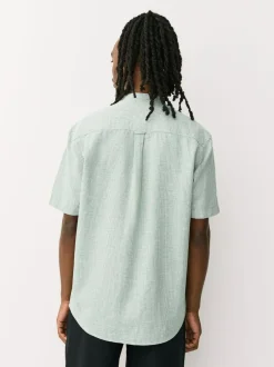 Next Grandad Collar Cotton Linen Blend Short Sleeve Shirt Green Best