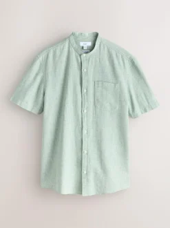 Next Grandad Collar Cotton Linen Blend Short Sleeve Shirt Green Best
