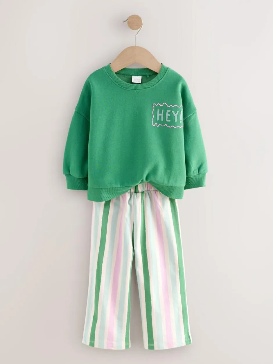 Next Green Hey Hi Sweatshirt & Wide Leg Trousers Set (3mths-7yrs) Clearance