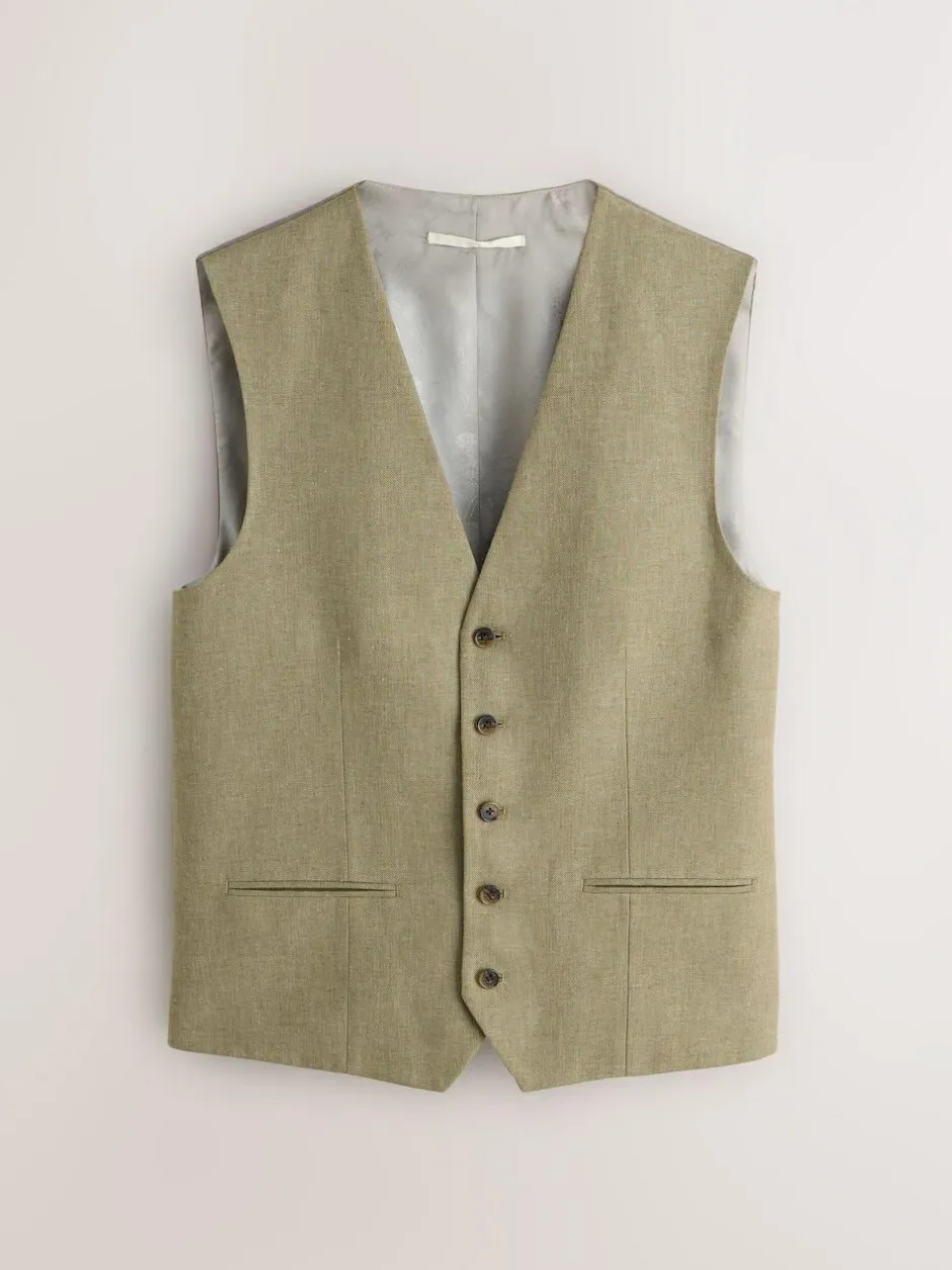 Next Linen Blend Texture Suit Waistcoat Green New