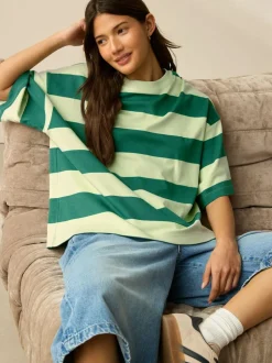 Next Green Monochrome Oversized Relaxed Fit Boxy Heavyweight Crew Neck T-Shirt Clearance