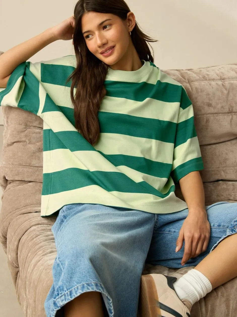 Next Green Monochrome Oversized Relaxed Fit Boxy Heavyweight Crew Neck T-Shirt Clearance