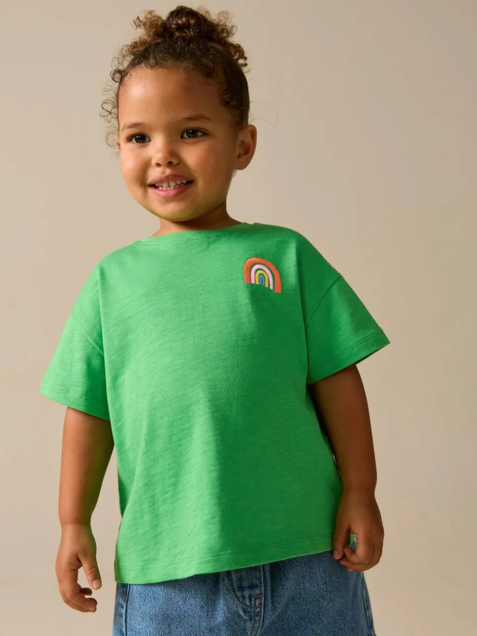 Next Short Sleeve Embroidered T-Shirt (3mths-7yrs) Green Rainbow New