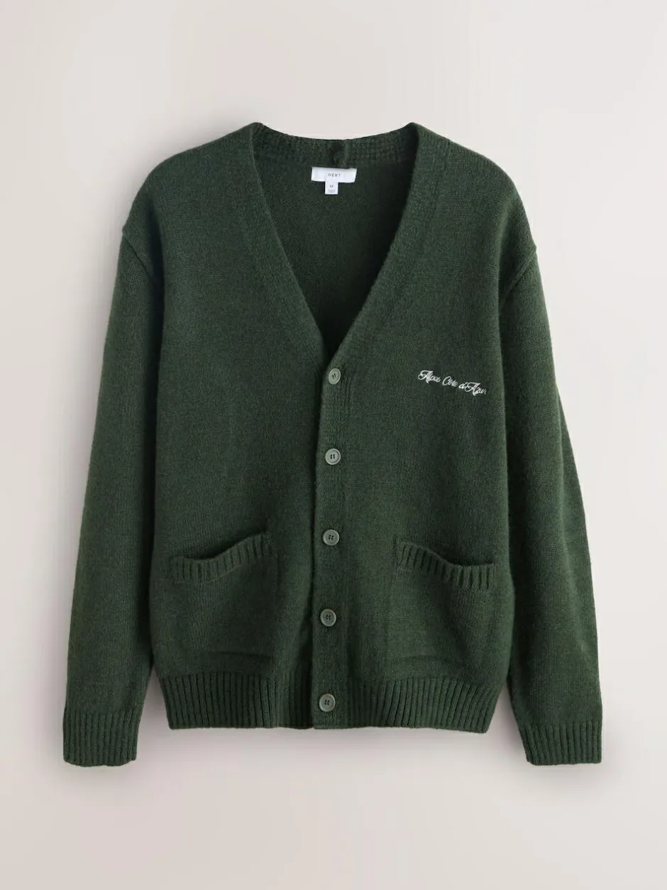 Next Regular Fit Embroidered Chest Motif Cardigan Green Sale