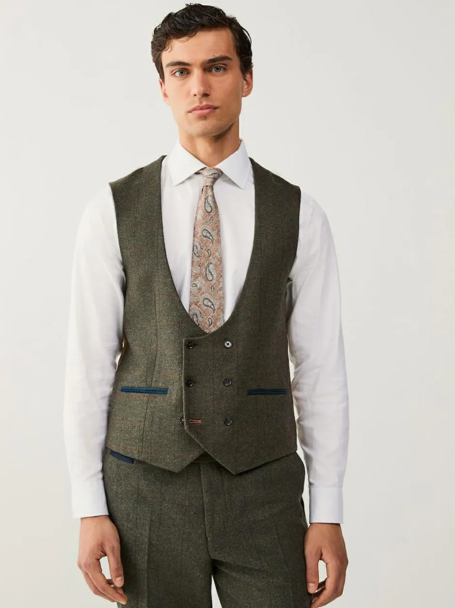 Next Green Regular Fit Nova Fides Italian Wool Blend Trimmed Check Suit Waistcoat Discount