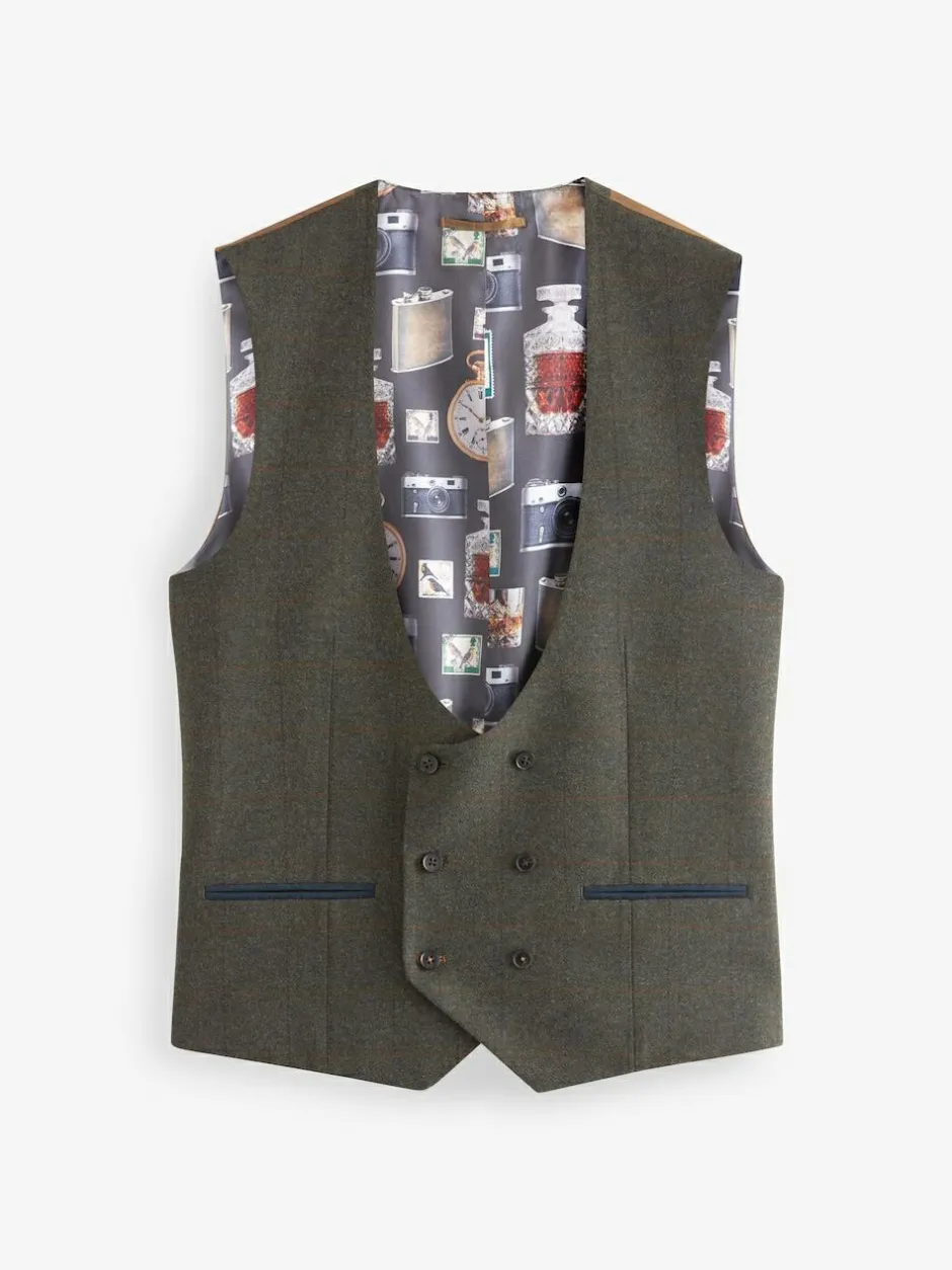 Next Green Regular Fit Nova Fides Italian Wool Blend Trimmed Check Suit Waistcoat Discount
