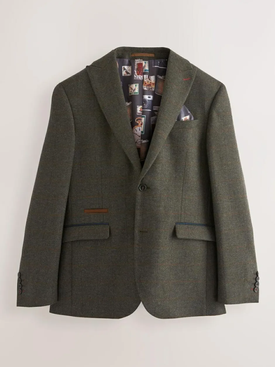 Next Green Regular Fit Nova Fides Italian Wool Blend Trimmed Check Suit Jacket Discount