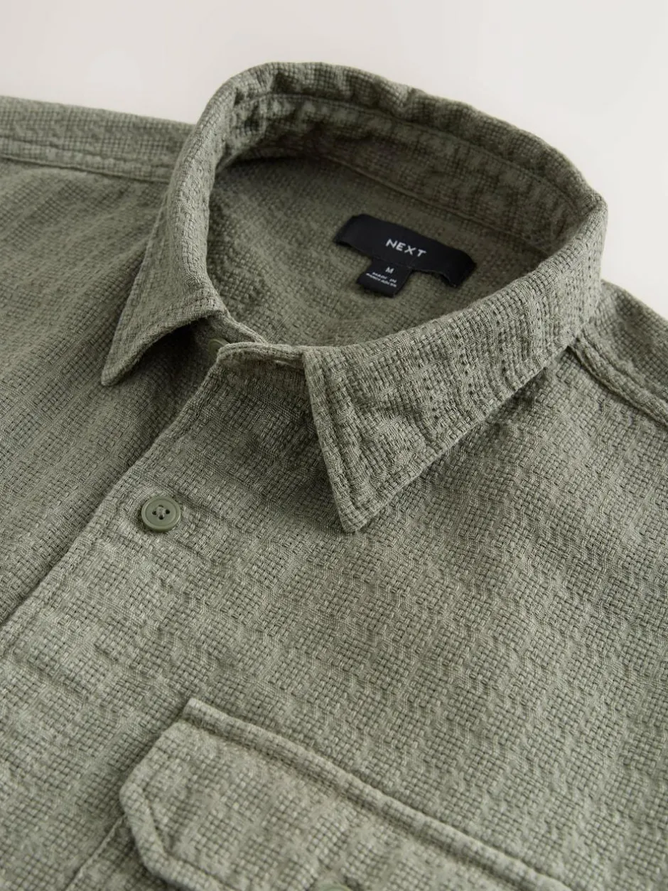 Next Regular Fit Textured Waffle Long Sleeve Shirt Green Outlet