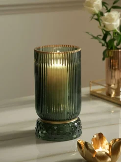 Next Ribbed Glass Hurricane Candle Holder Medium Green Sale