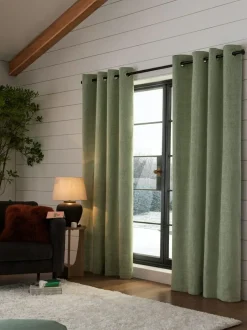 Next Green Sage Heavyweight Chenille Eyelet Super Thermal Curtains Sale