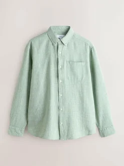Next Standard Collar Cotton Linen Blend Long Sleeve Shirt Green Best
