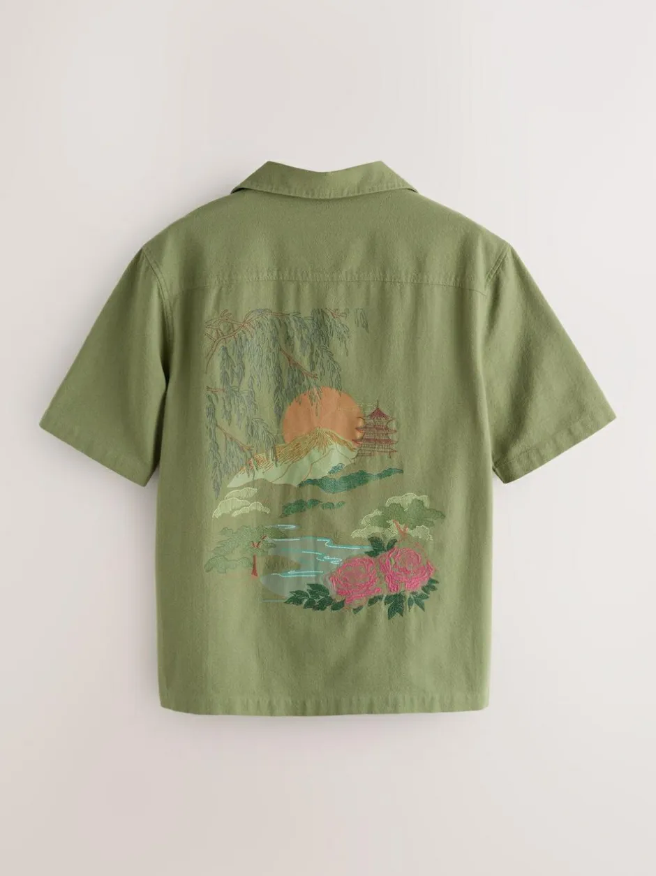 Next Textured Embroidered Japanese Print Short Sleeve Shirt Green Hot