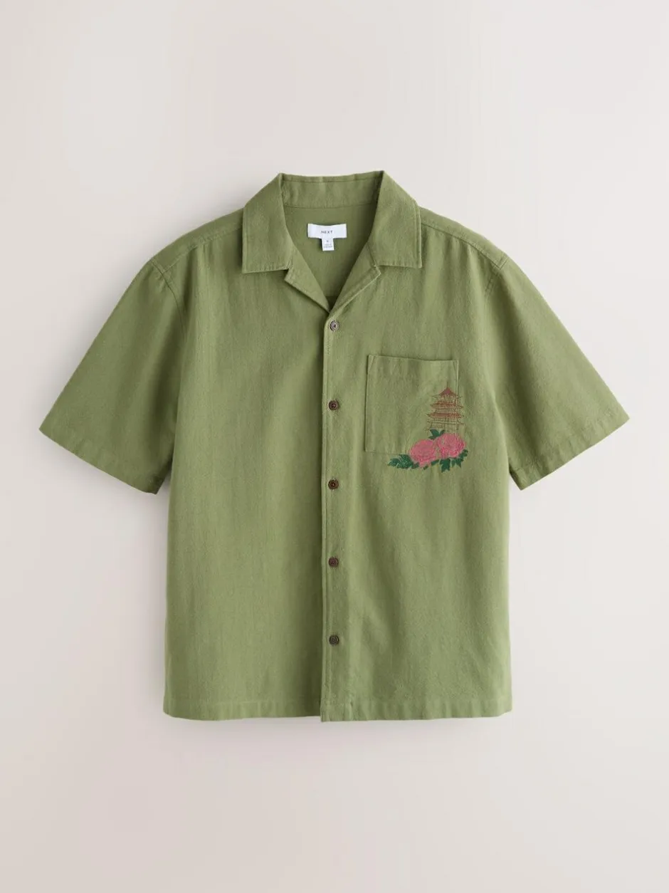 Next Textured Embroidered Japanese Print Short Sleeve Shirt Green Hot
