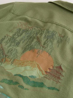 Next Textured Embroidered Japanese Print Short Sleeve Shirt Green Hot