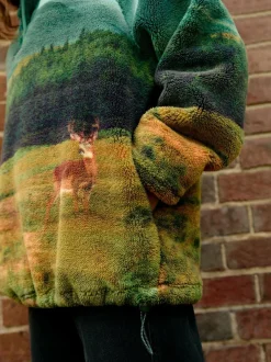 Next Printed Borg Fleece Top Green Woodland Scene Hot