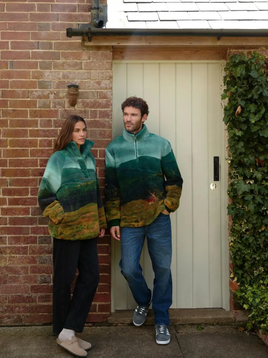 Next Printed Borg Fleece Top Green Woodland Scene Hot