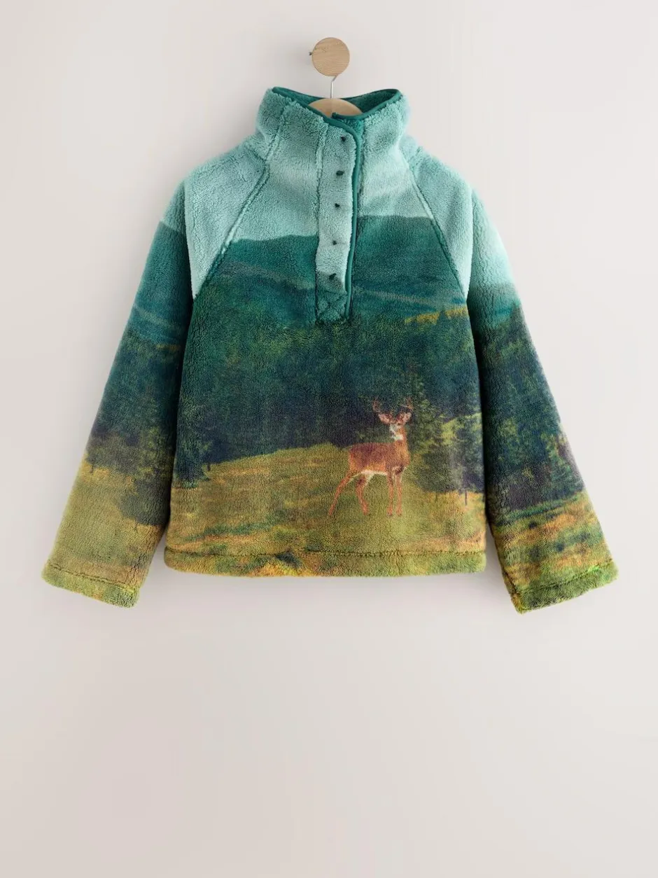 Next Printed Borg Fleece Top Green Woodland Scene Hot