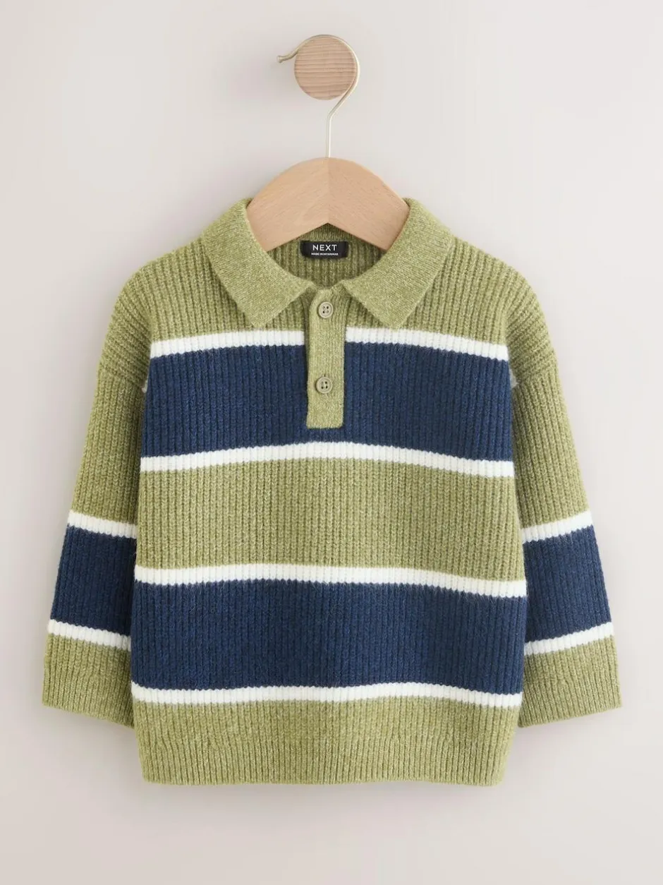 Next Knitted Stripe Rugby Polo Shirt (3mths-7yrs) Green/Blue Discount