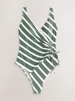 Next Green/Cream Stripe Ruched Side Tummy Shaping Control Swimsuit