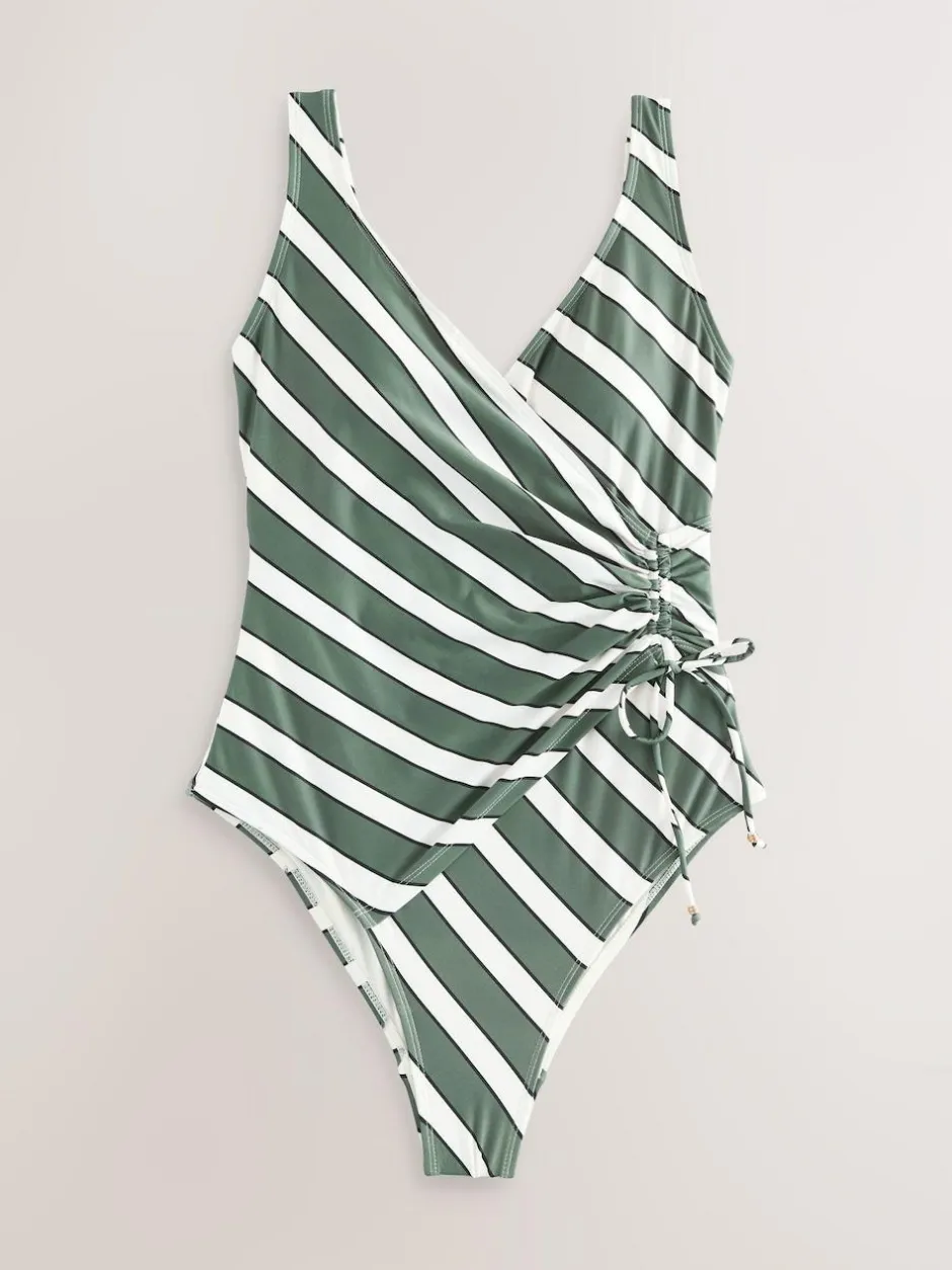 Next Green/Cream Stripe Ruched Side Tummy Shaping Control Swimsuit