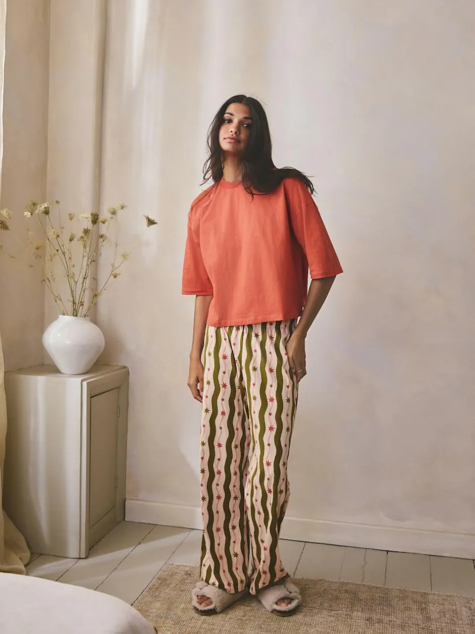Next Green/Ecru Stripe Cotton Short Sleeve Pyjamas Clearance