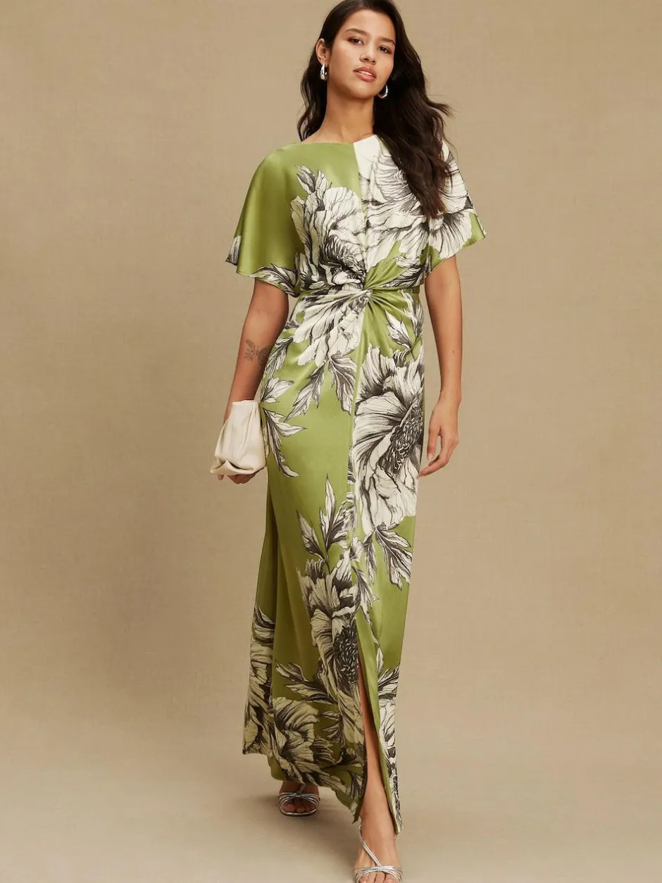 Next Textured Satin Short Sleeve Twist Front Midi Dress Green/Ecru Clearance