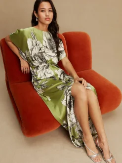 Next Textured Satin Short Sleeve Twist Front Midi Dress Green/Ecru Clearance