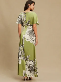 Next Textured Satin Short Sleeve Twist Front Midi Dress Green/Ecru Clearance