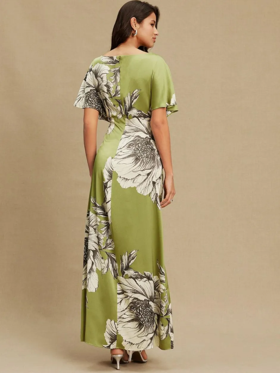 Next Textured Satin Short Sleeve Twist Front Midi Dress Green/Ecru Clearance