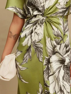 Next Textured Satin Short Sleeve Twist Front Midi Dress Green/Ecru Clearance