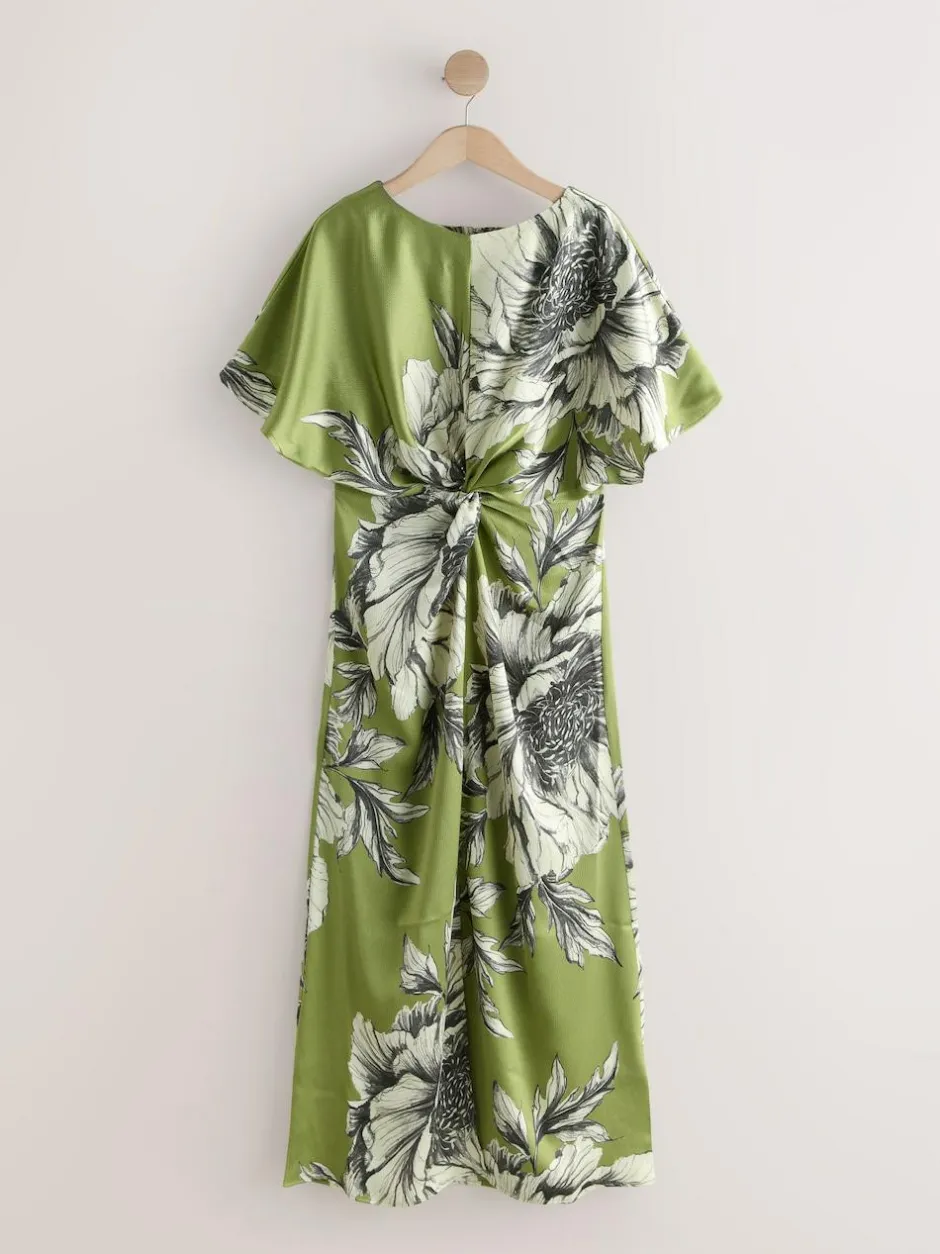 Next Textured Satin Short Sleeve Twist Front Midi Dress Green/Ecru Clearance