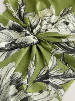 Next Textured Satin Short Sleeve Twist Front Midi Dress Green/Ecru Clearance